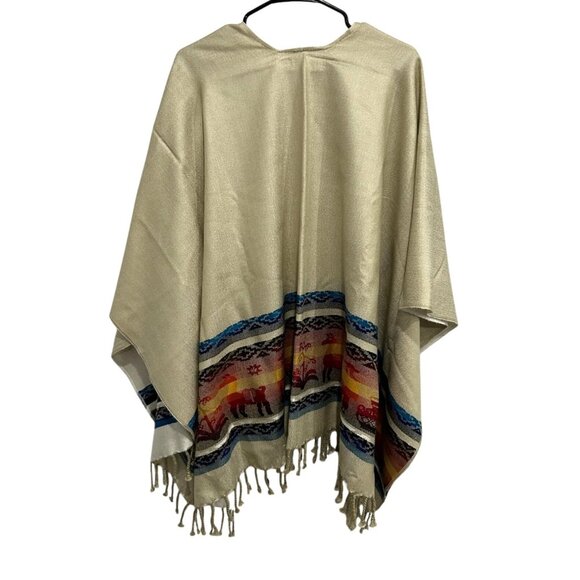Southwestern Style Beige Poncho With Multicolor Pattern & Fringe Details - Picture 2 of 6